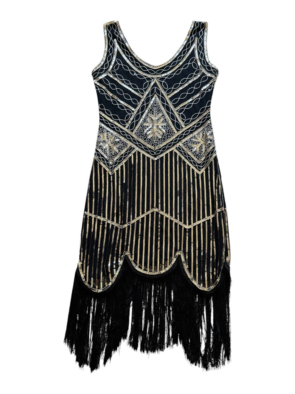 1920s Gatsby Flapper Dress Black Gold Sequin Beaded Fringe Cocktail L Halloween
